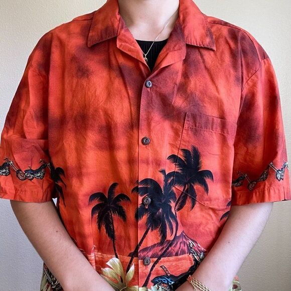Vintage Mens Pacific Legend Hawaiian Motorcycle Cotton Button Down Short Sleeve - Picture 10 of 10